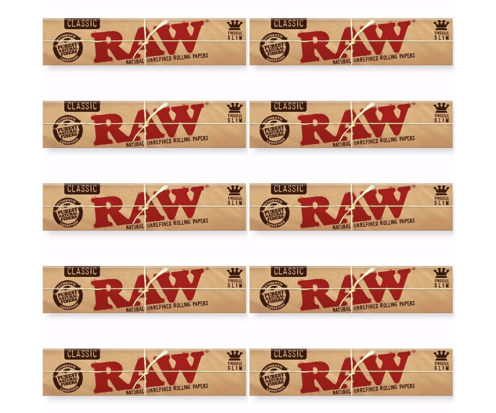 10 Packs Raw Classic King Size Slim Natural Unrefined Rolling Papers