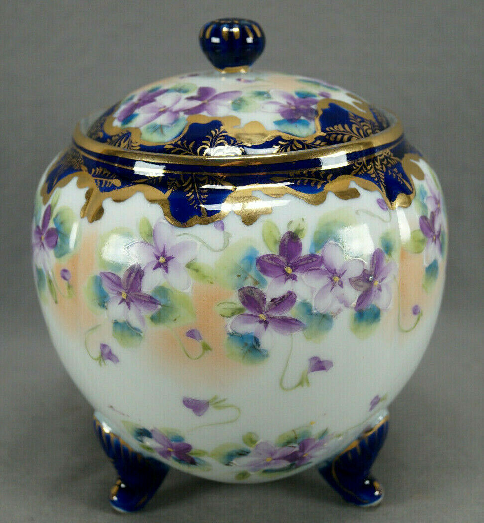 Nippon Hand Painted Purple Violet Flowers Cobalt & Gold Biscuit Jar C. 1890-1921