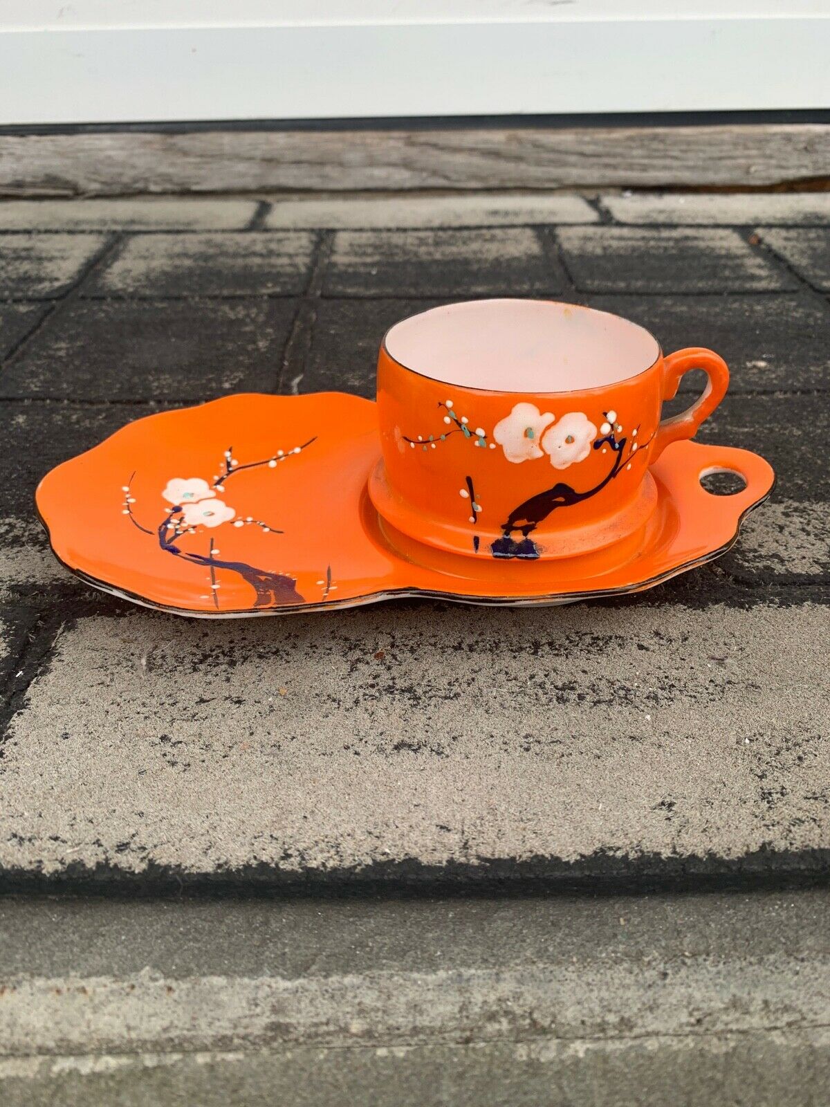Nippon 2 Piece Orange Cup W/ Saucer Hand Painted Set Used