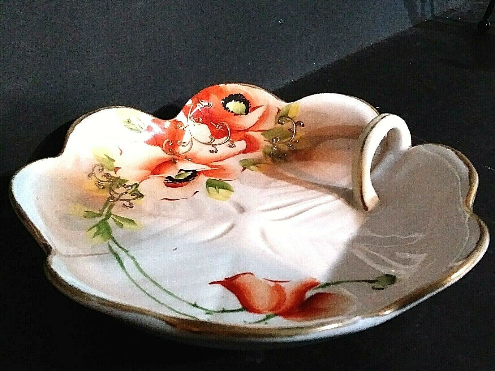 Vintage Nippon Hand Painted Poppies Floral Nappy Gold Edge Lemon Server