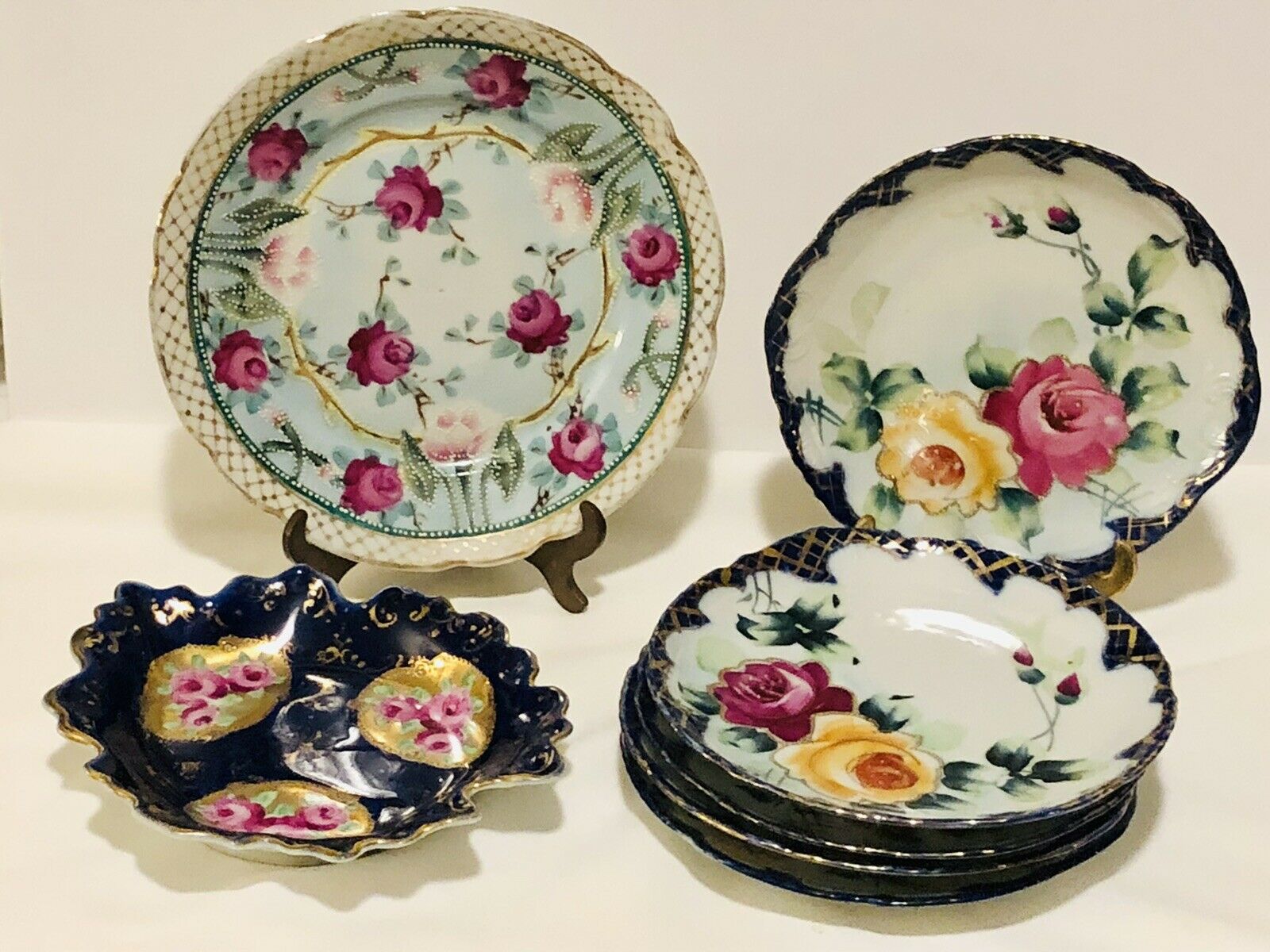 7 Piece Lot Nippon Cobalt Blue Gold Roses Hand Painted Salad Bread Plates, Dish