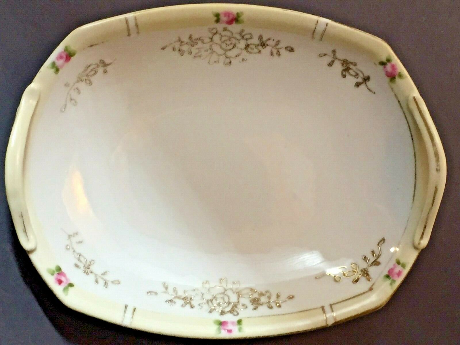 Vintage Nippon Porcelain Small Tray With Pink Roses And Gold Floral Accents/trim