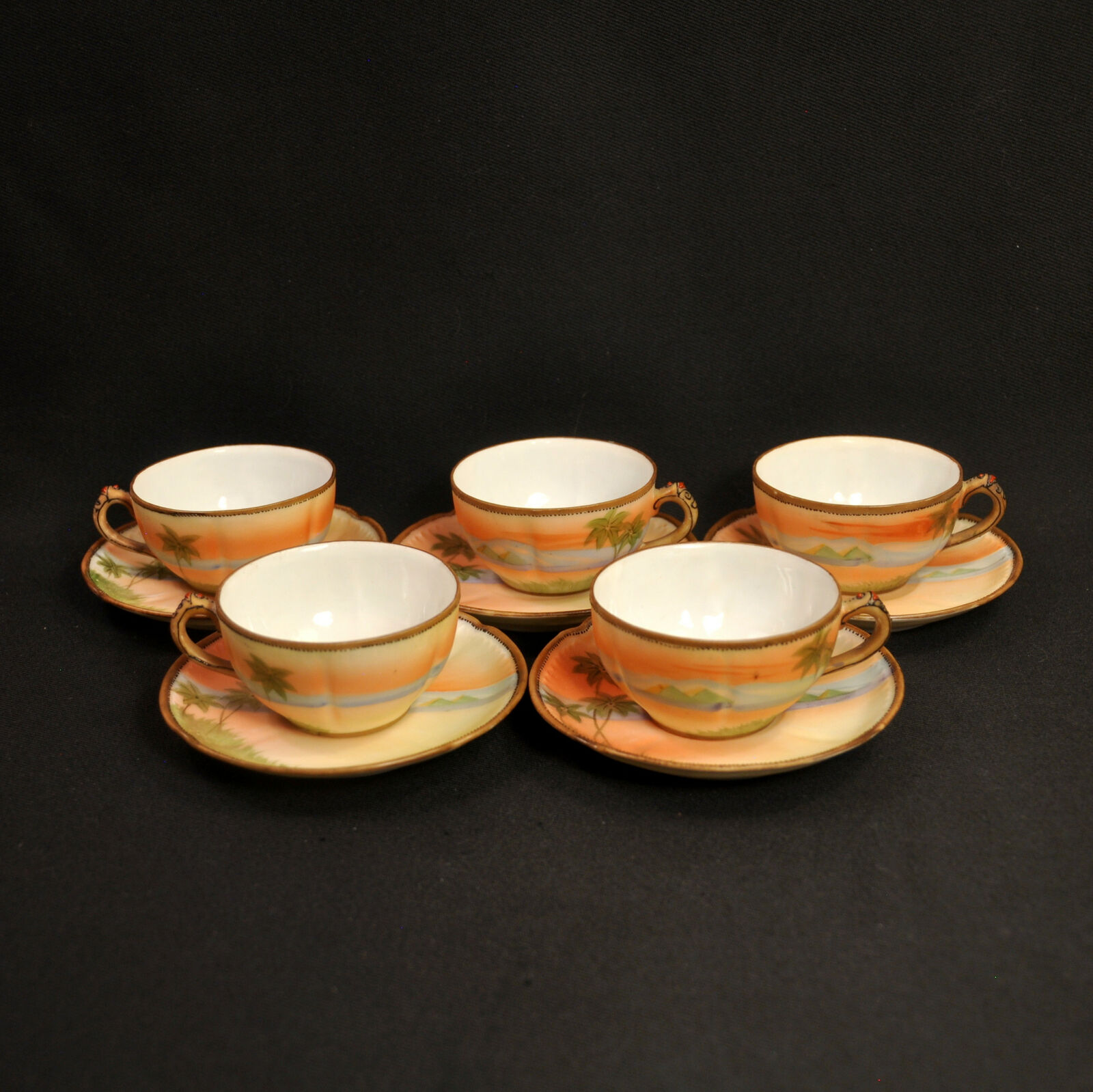 Nippon M-in-wreath 5 Cups & Saucers Egyptian Nile River Palms 1911-1918 Moriage