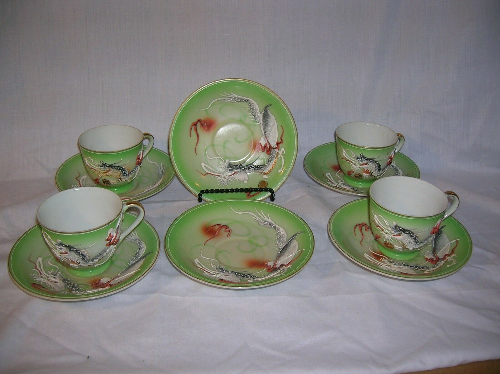 Vintage Japan Green Luster Moriage Dragon Ware 4 Tea Cups & 6 Saucers